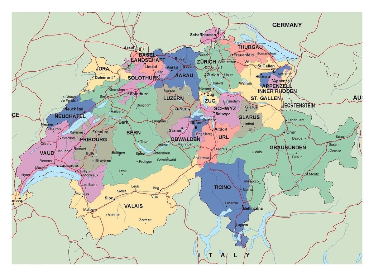 карта на швајцарија со градови и градови