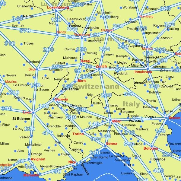 карта на швајцарија мапата со растојанија